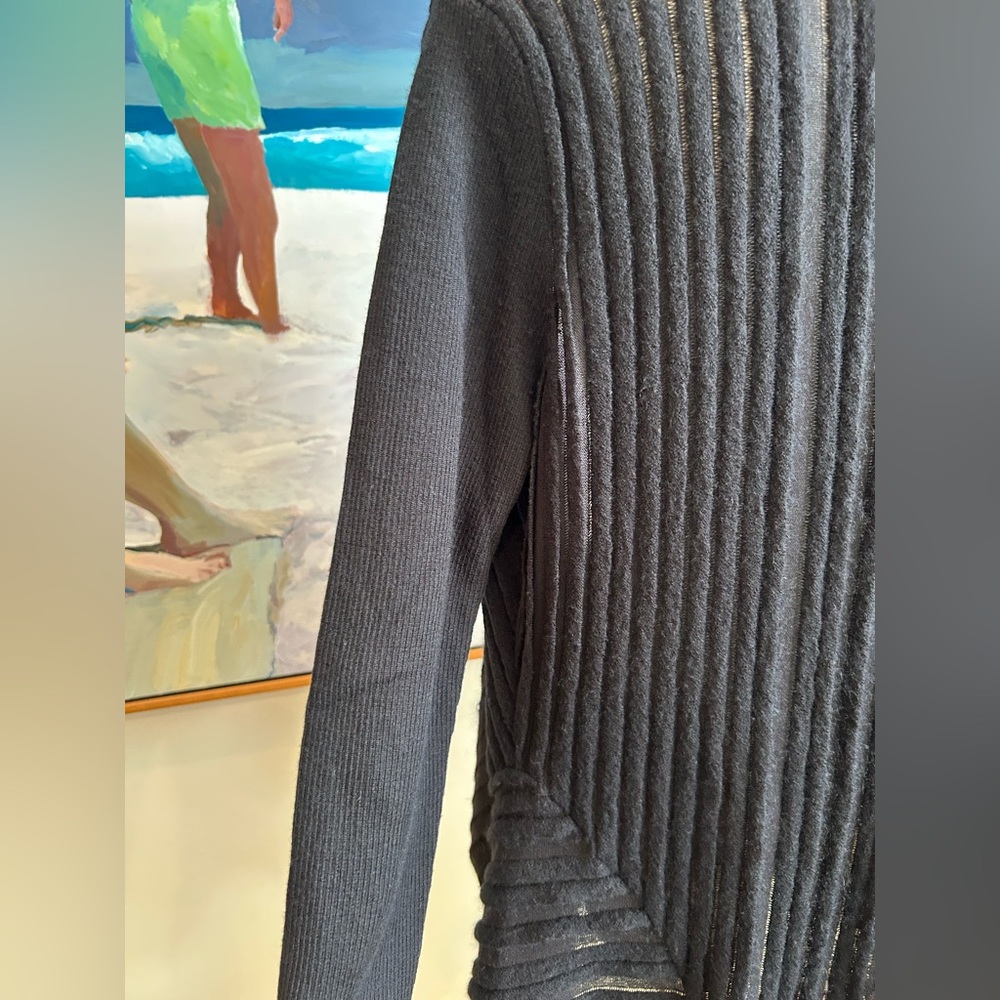EILEEN FISHER Black Felt Ladder Italian Asymmetrical Hem Wool Cardigan, Sz L - Picture 10 of 14